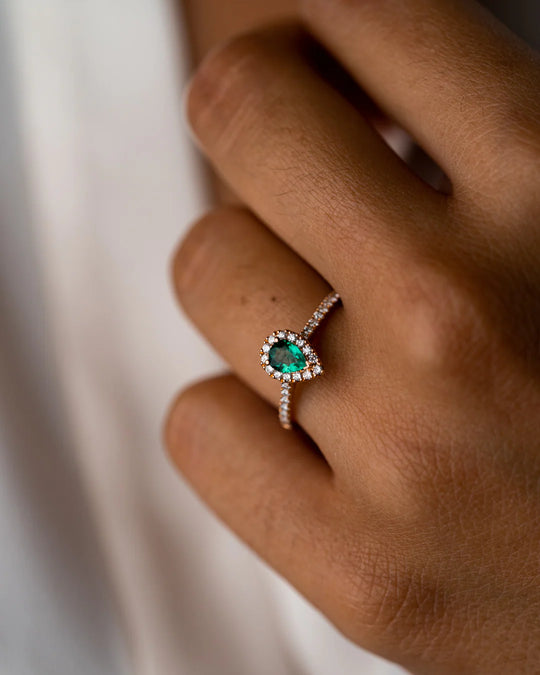 Pink Gold Engagement Ring with Diamonds and Emerald