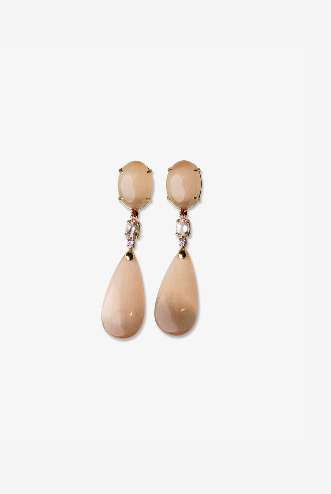 Gold Earrings with Hydro Peachmoonstone, Morganite and Sapphires