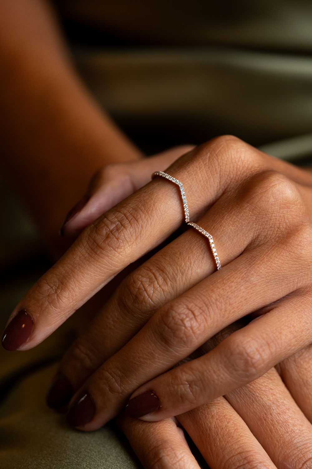 Pink Gold V Ring with Diamonds