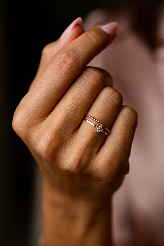 Double Pink Gold Ring with Flower Diamonds