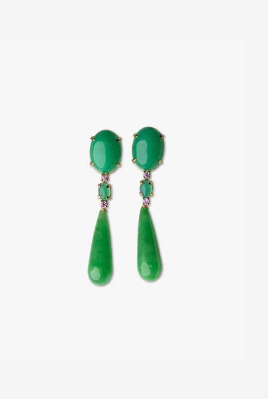 Gold Earrings with Jades and Agate-Pink Sapphires
