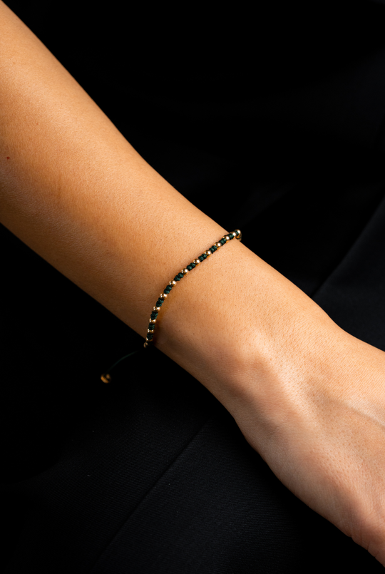 Yellow Gold Dots Bracelet with Dark Green Cotton