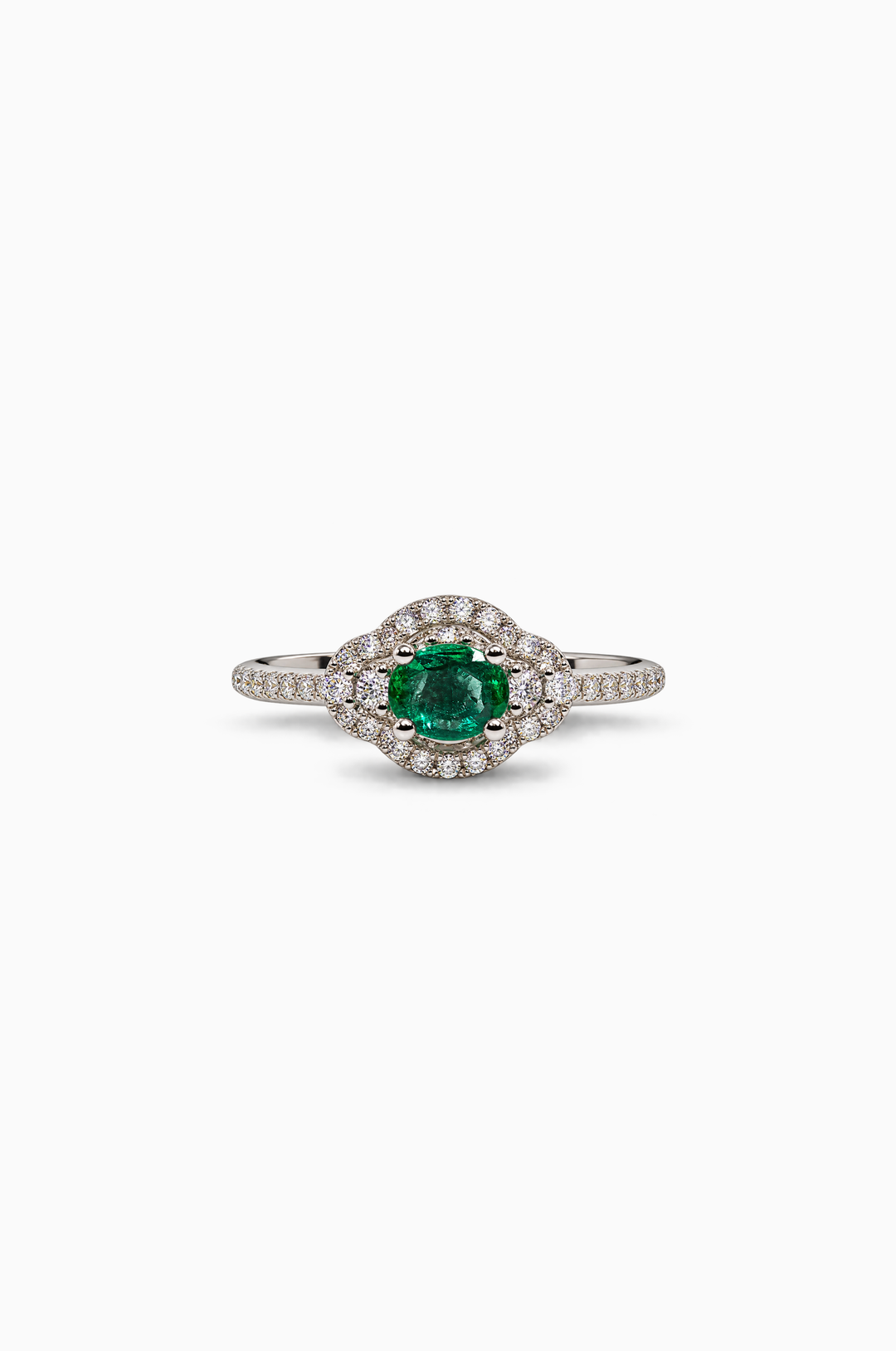 White Gold Engagement Ring with Diamonds and Green Emerald