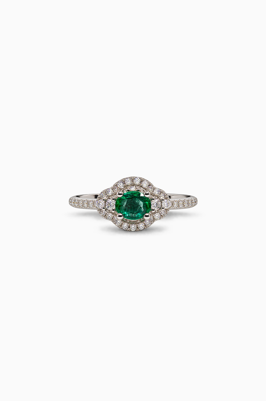 White Gold Engagement Ring with Diamonds and Green Emerald
