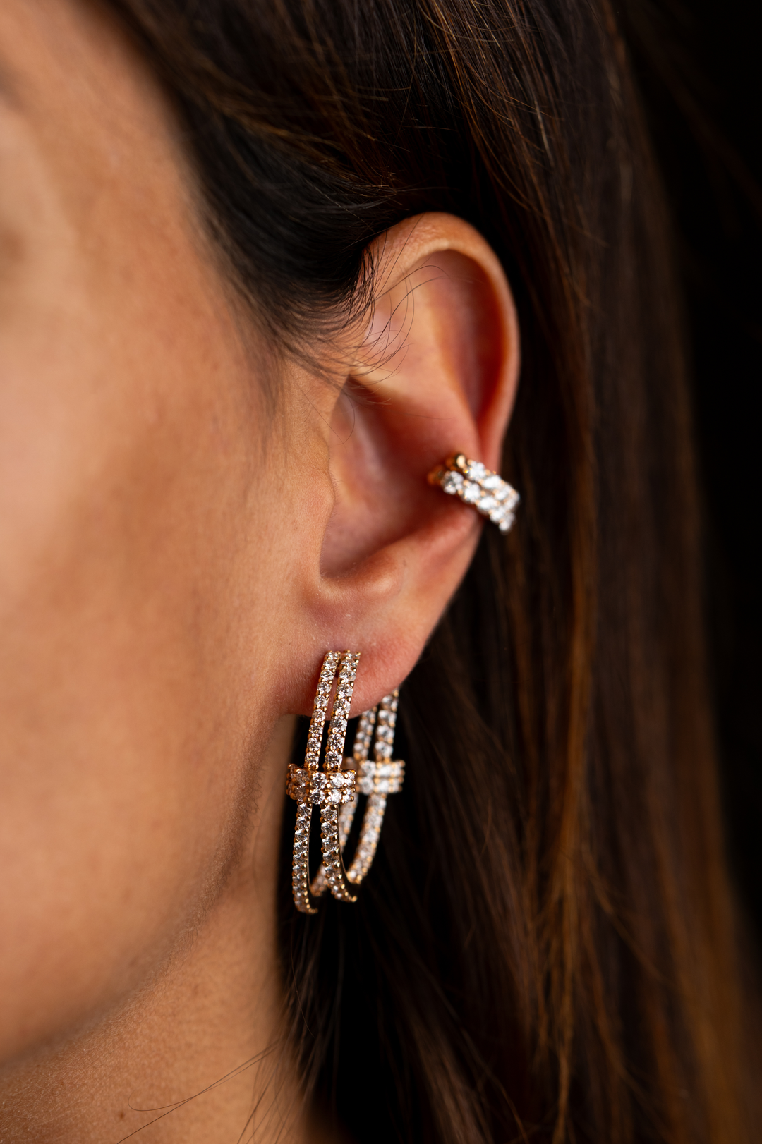 Pink Gold Double Loop Earrings with Diamonds