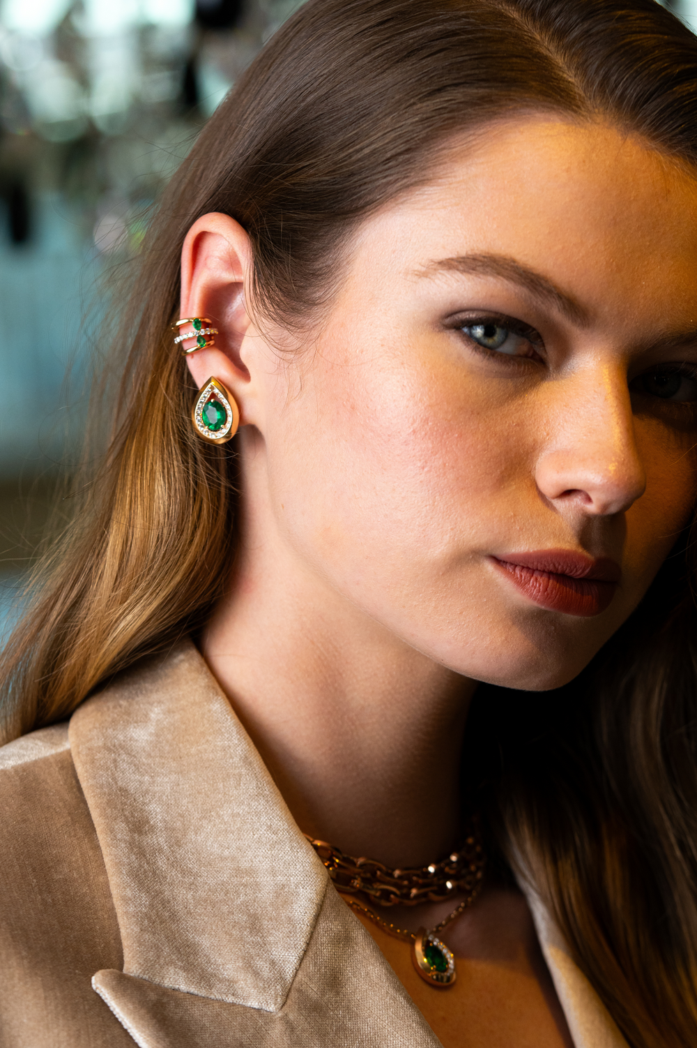 Pink Gold Ear Cuff with Diamonds and Emeralds