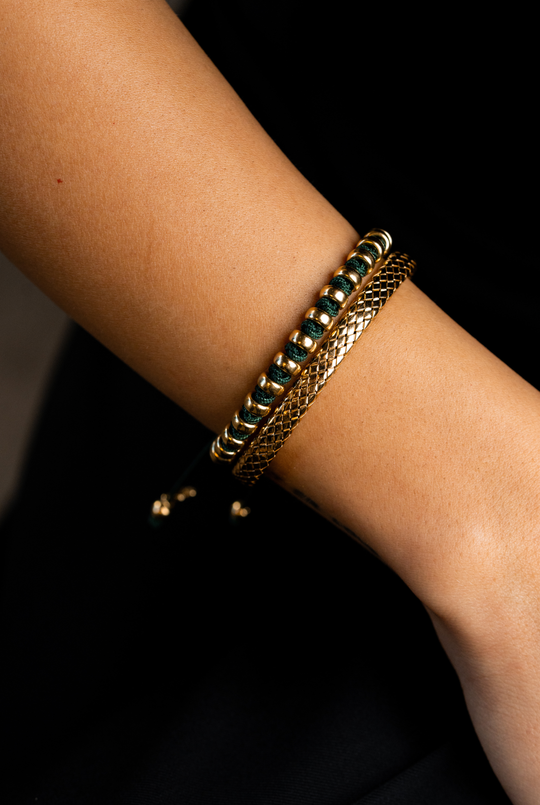 Yellow Silver Bracelet with Dark Green Cotton