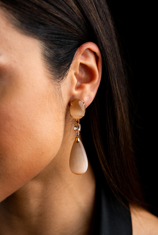 Gold Earrings with Hydro Peachmoonstone, Morganite and Sapphires