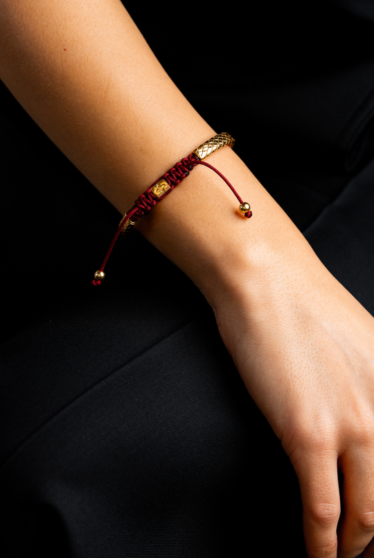Yellow Silver Bracelet with Burgundy Cotton