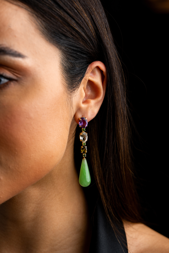 Gold Earrings with Emeralds and Amethysts