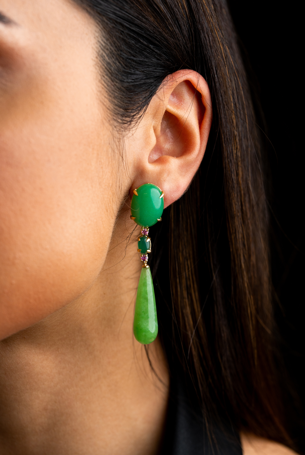 Gold Earrings with Jades and Agate-Pink Sapphires