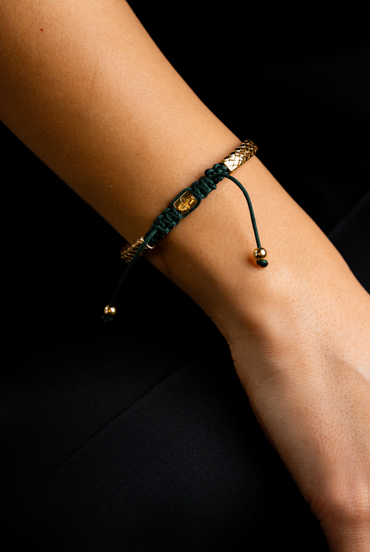 Yellow Silver Bracelet with Dark Green Cotton