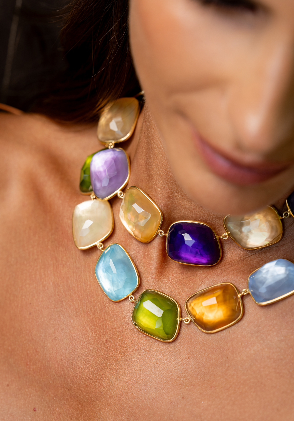 Gold Silver Necklace with Quartz, Citrine, Aquamarine and Mother-of-Pearl