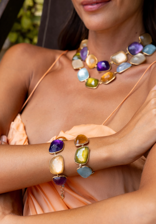 Pulseira em Prata dourada com Quartzo, Citrino, Água-marinha e Madrepérola