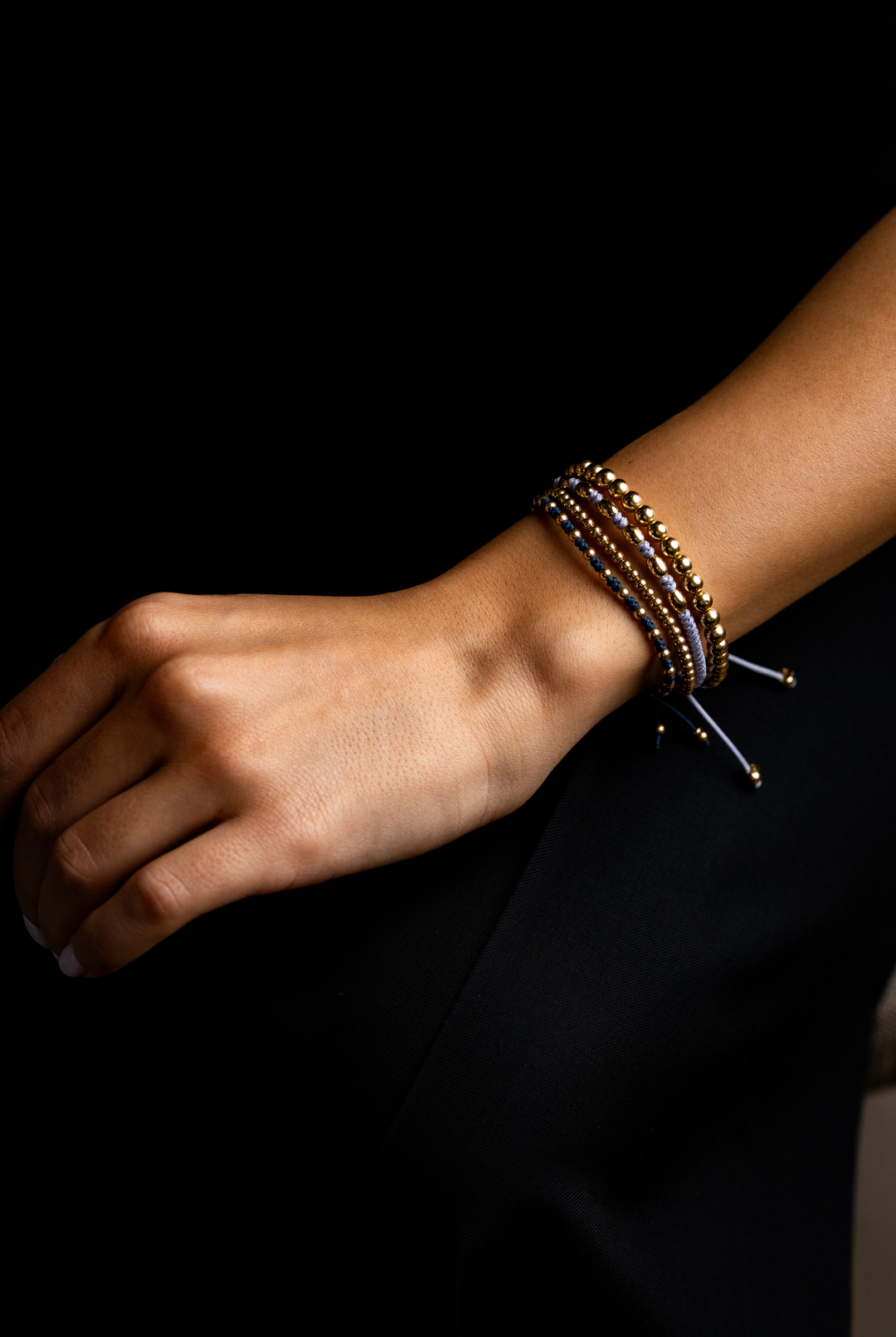 Yellow Gold Dots Bracelet with Blue Cotton