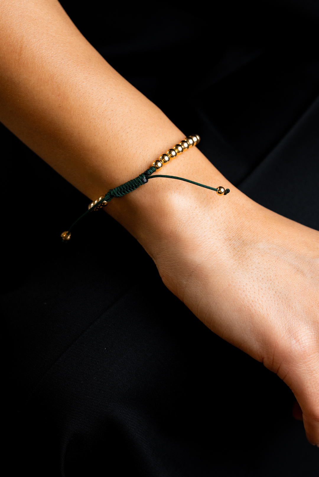 Yellow Gold Dots Bracelet with Dark Green Cotton