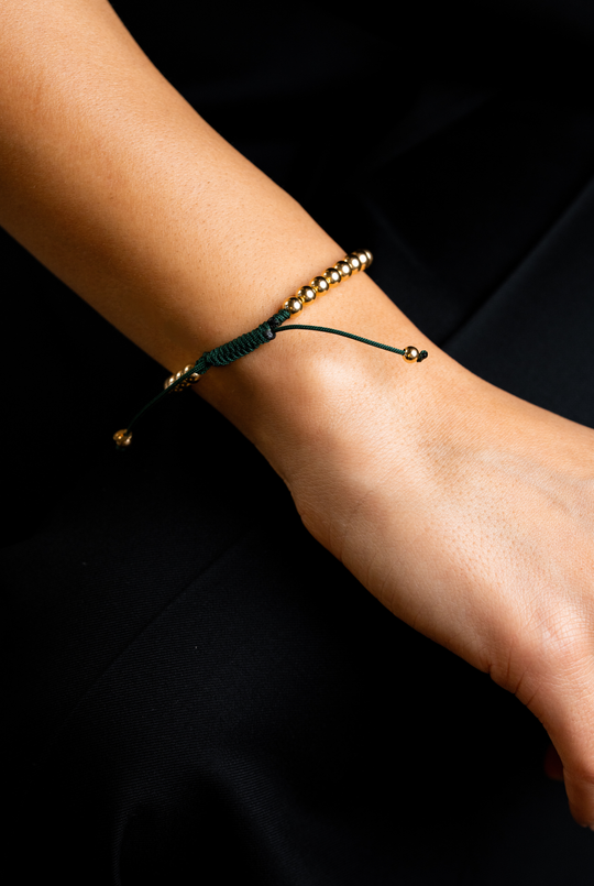 Yellow Gold Dots Bracelet with Dark Green Cotton