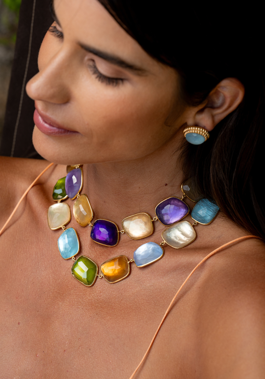 Gold Silver Necklace with Quartz, Citrine, Aquamarine and Mother-of-Pearl