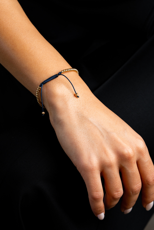 Yellow Gold Dots Bracelet with Blue Cotton