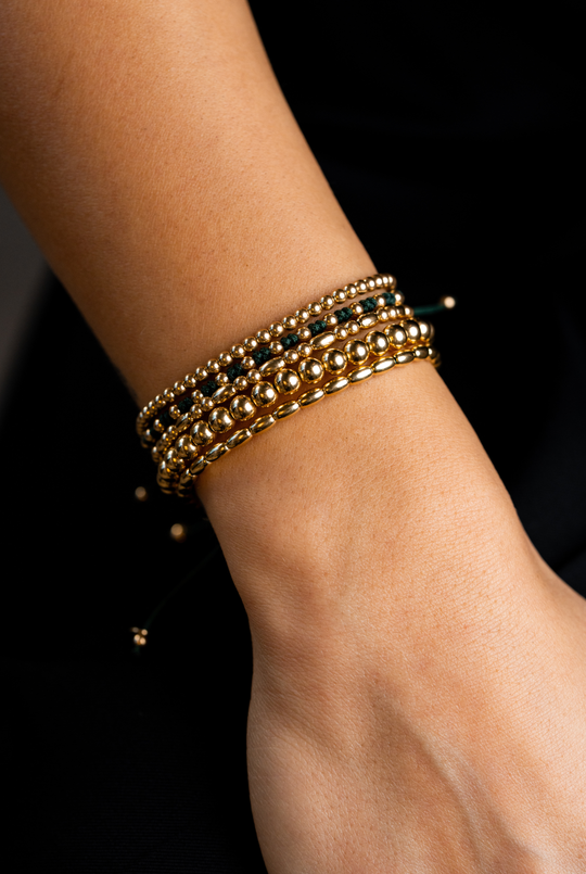 Yellow Gold Dots Bracelet with Dark Green Cotton