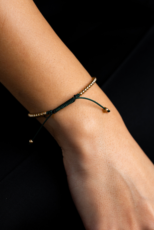 Yellow Gold Dots Bracelet with Dark Green Cotton