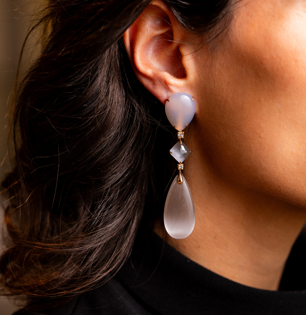 Gold Earrings with grey Agate, Cognac diamonds and Optical Grey Quartz