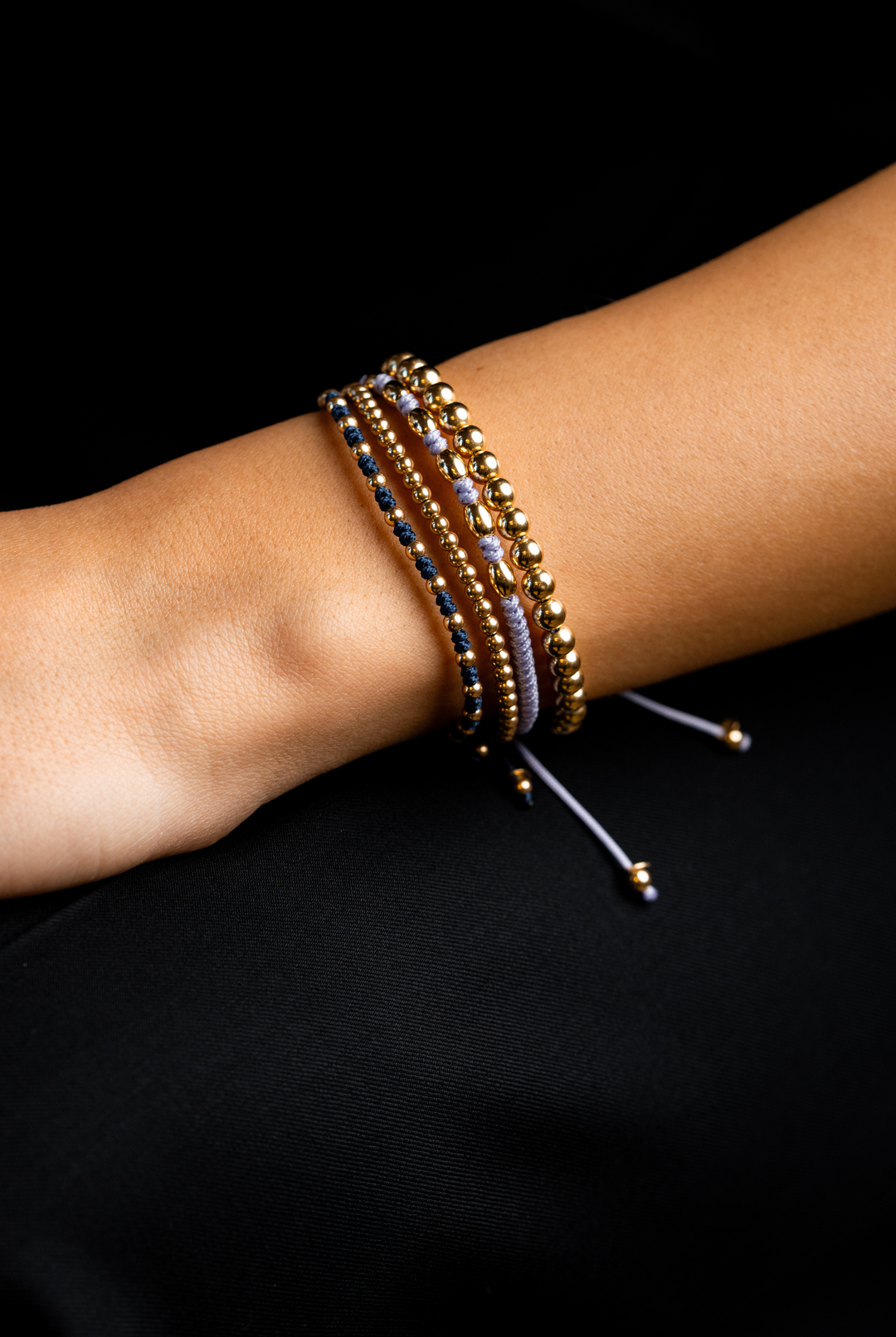 Yellow Gold Dots Bracelet with Blue Cotton