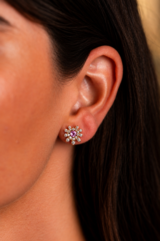 Flower Pink Gold and Diamond Earrings
