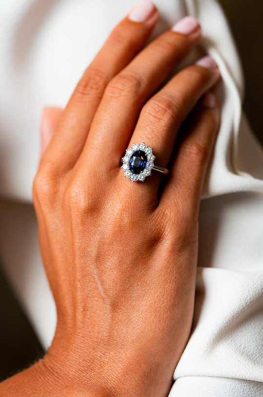 White Gold Engagement Ring with Diamonds and Sapphire
