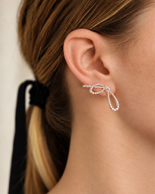 Pink Gold Maison Rose Bow Earrings with Diamonds