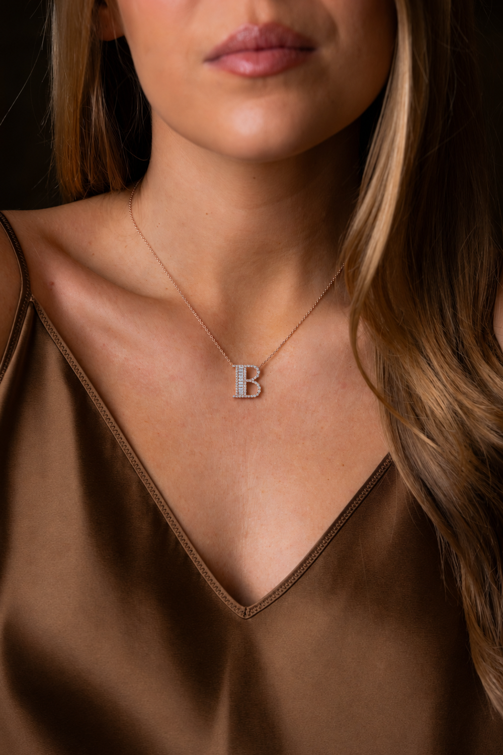 Pink Gold Necklace with Letter B and Diamonds