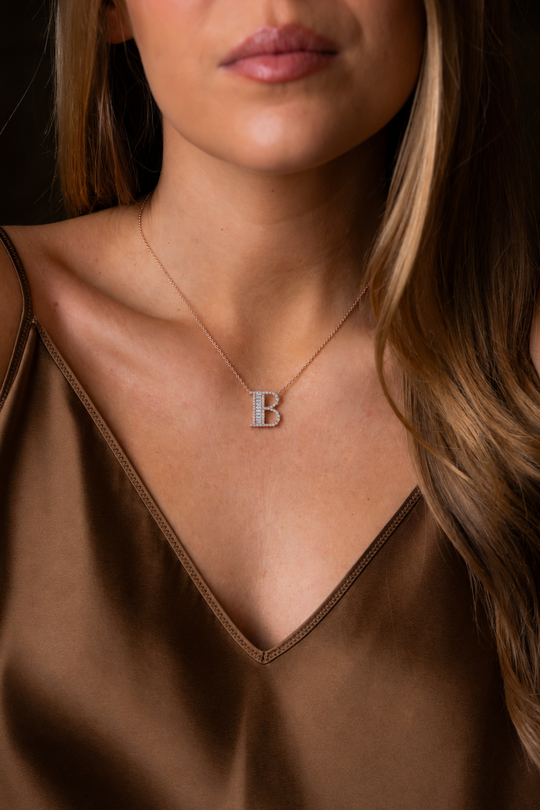 Pink Gold Necklace with Letter B and Diamonds