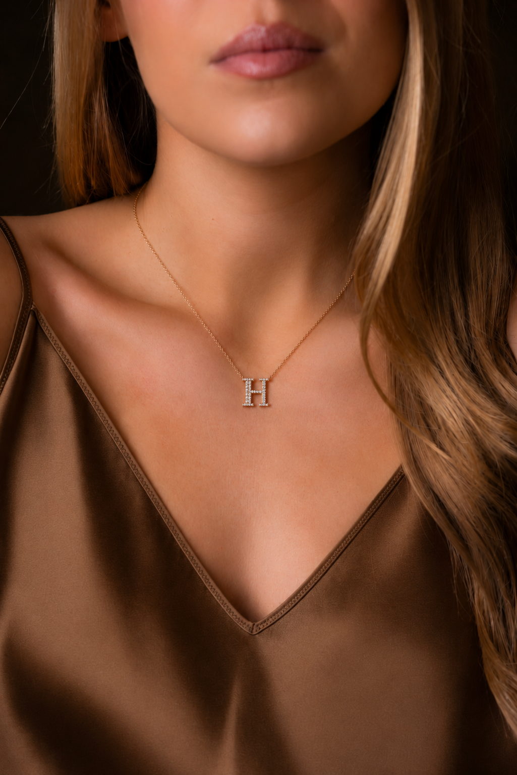 Pink Gold Necklace with Letter H and Diamonds