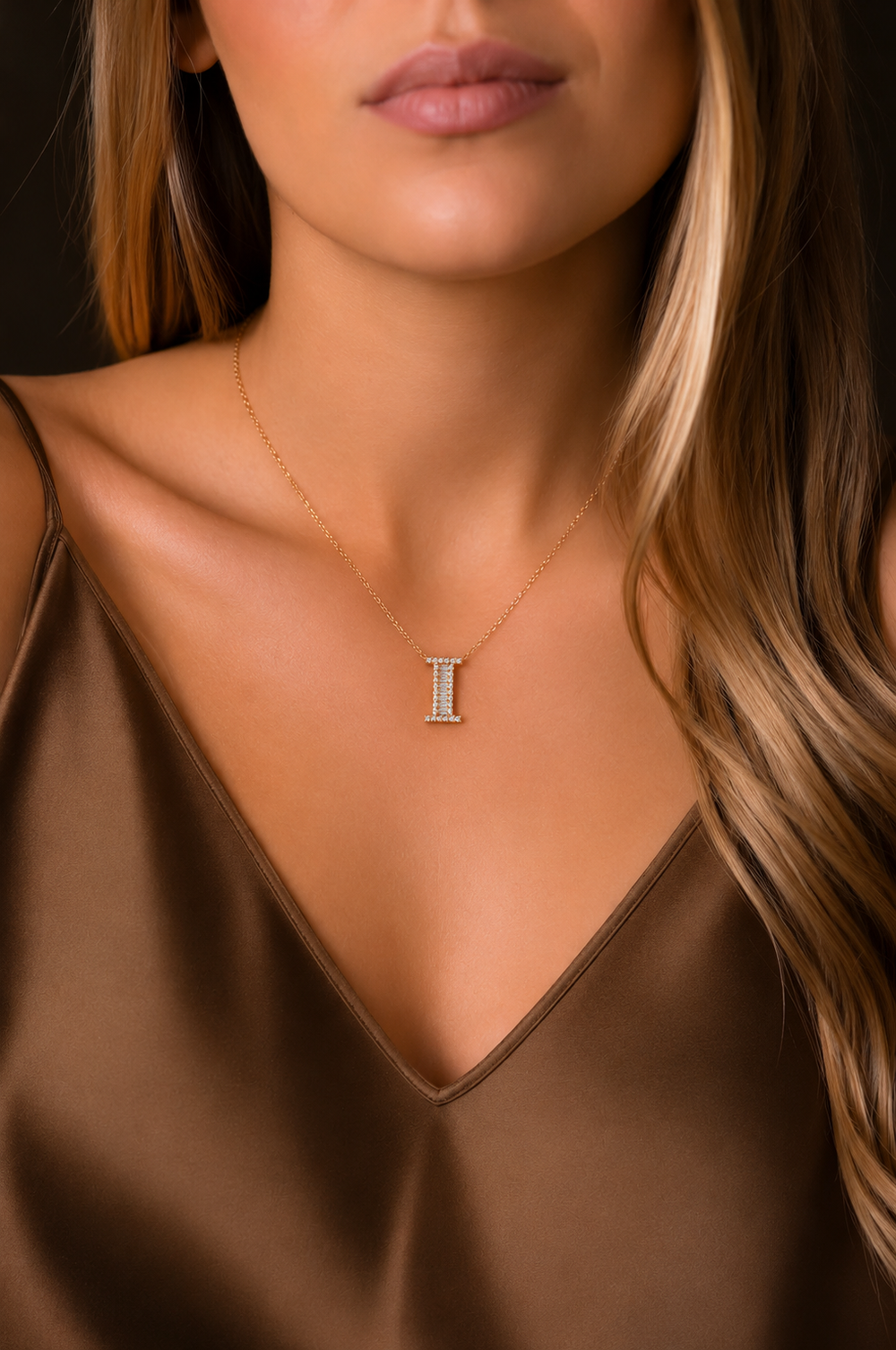 Pink Gold Necklace with Letter I and Diamonds