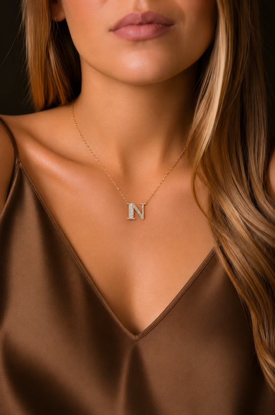 Pink Gold Necklace with Letter N and Diamonds