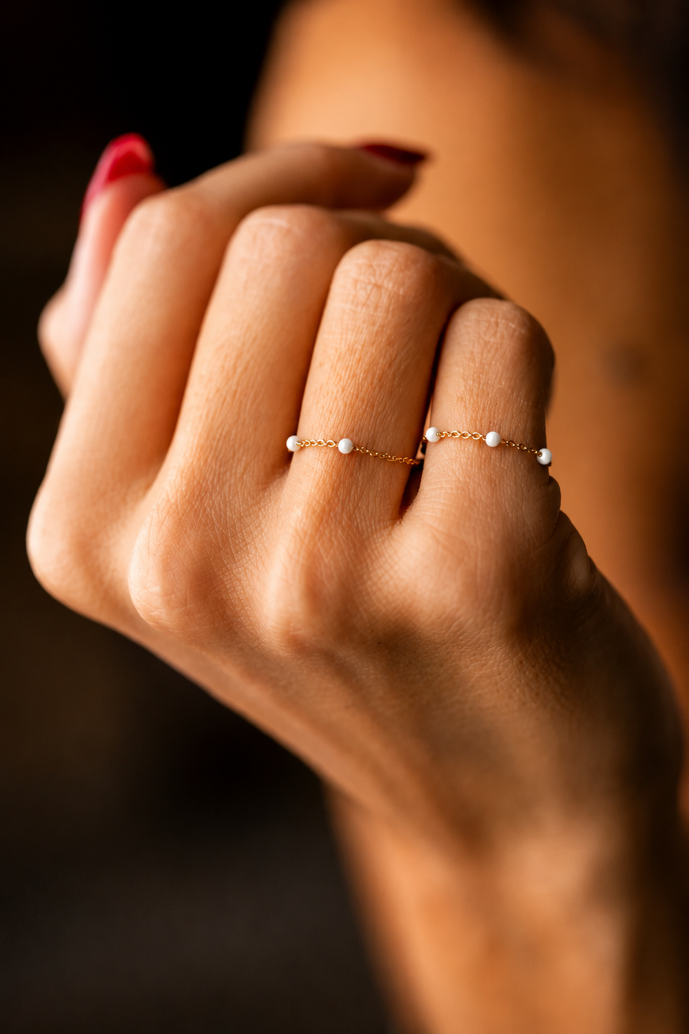 Gold Chain Ring with White Dots