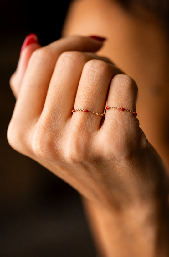 Gold Chain Ring with Red Dots