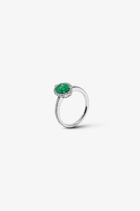 White Gold Engagement Ring with Diamonds and Emerald