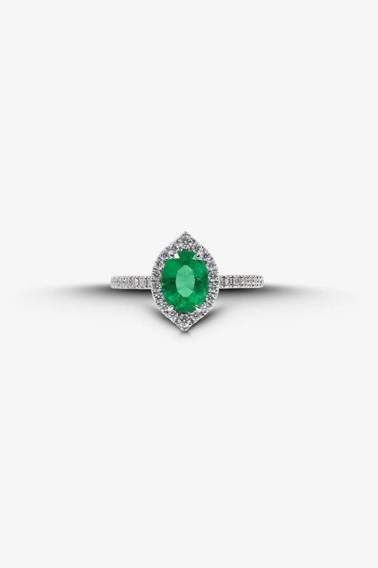 White Gold Engagement Ring with Diamonds and Emerald