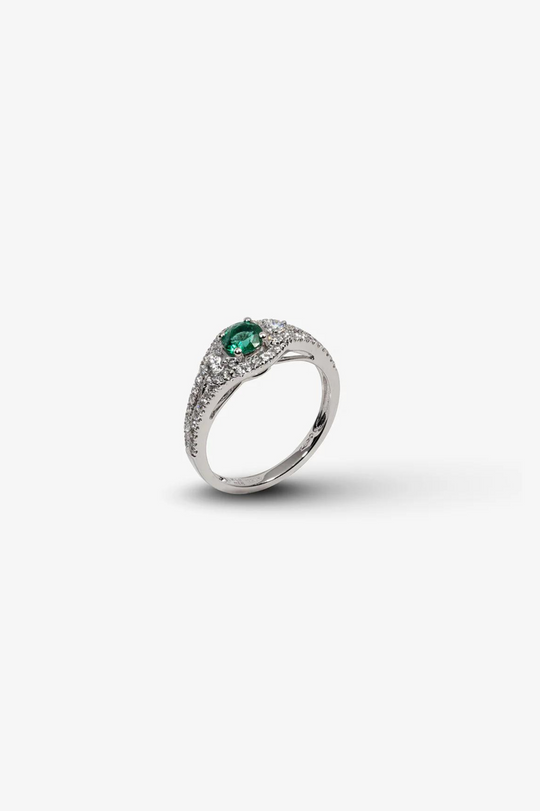 White Gold Engagement Ring with Diamonds and Green Emeralds