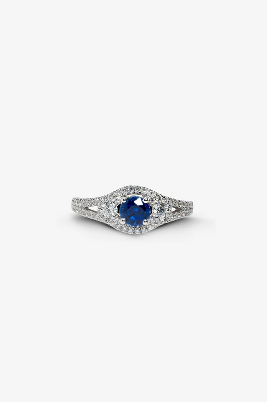 White Gold Engagement Ring with Diamonds and Sapphire