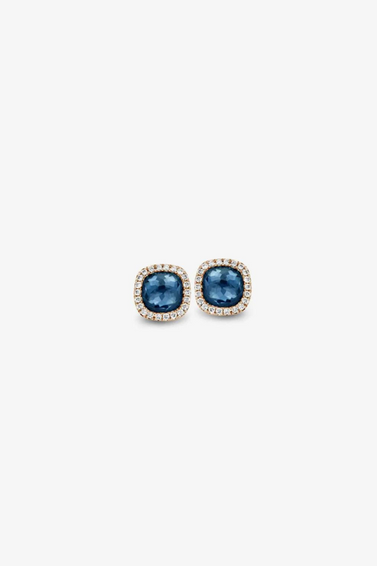 Rose Gold Earrings, Blue Topaz Stone and Diamonds