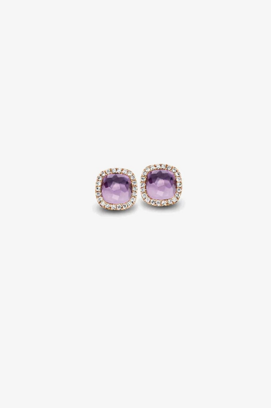 Rose Gold Earrings, Pink Stone and Diamonds