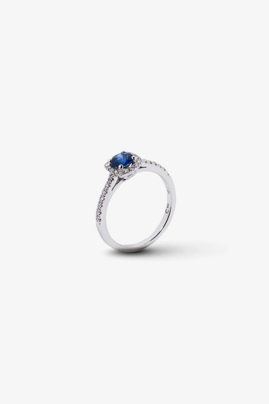 White Gold Engagement Ring with Diamonds and Sapphire