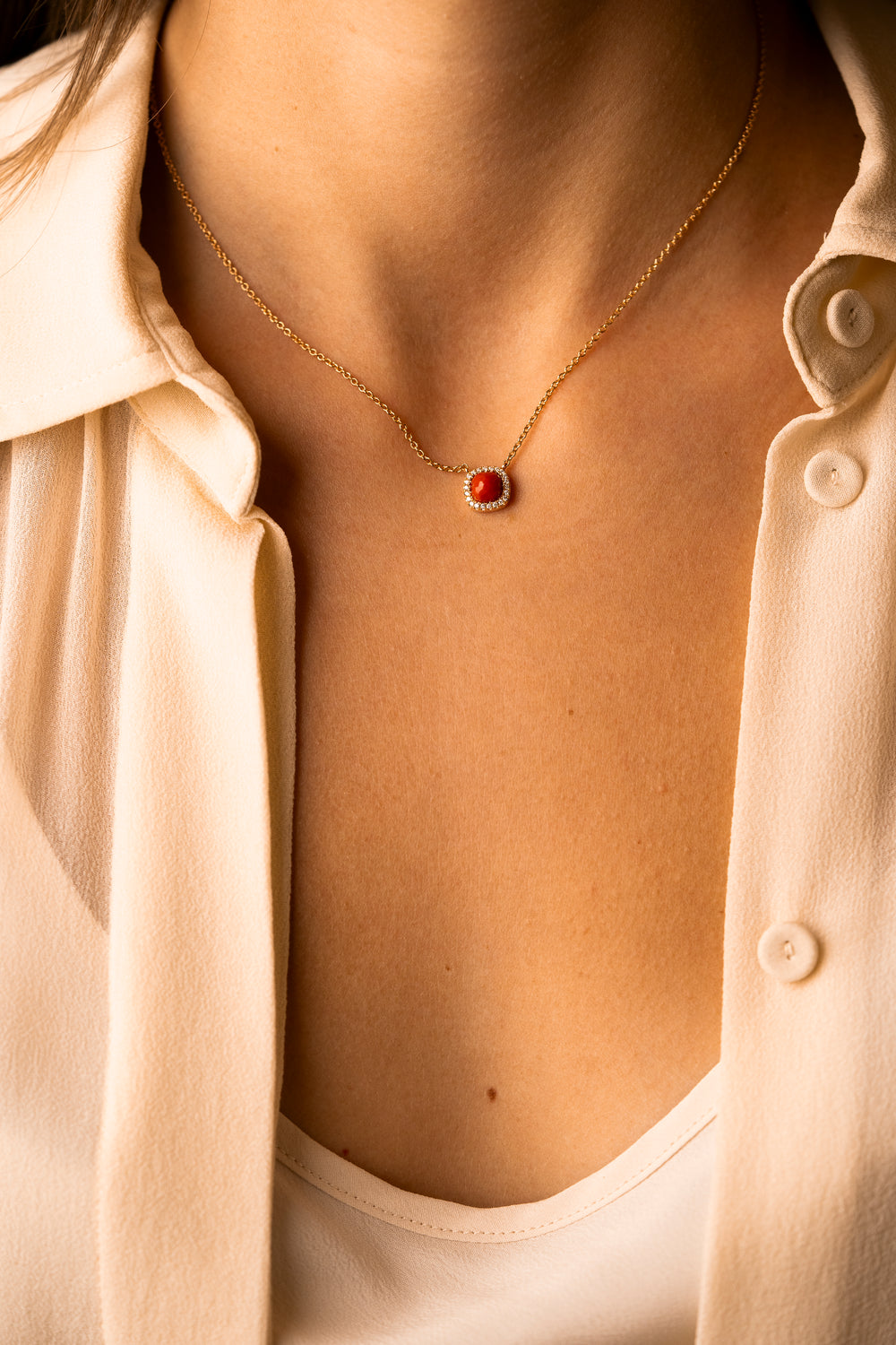 Gold with Diamonds and Coral Necklace