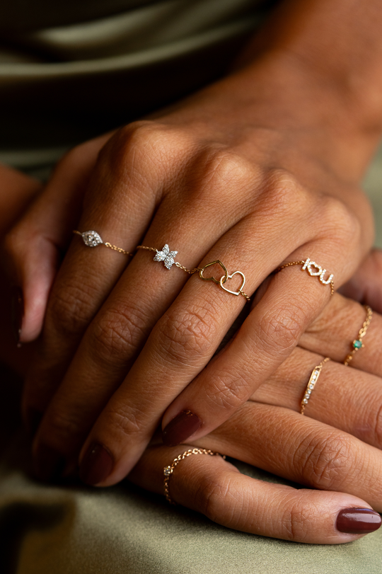 I Love U Gold Chain Ring with Diamonds