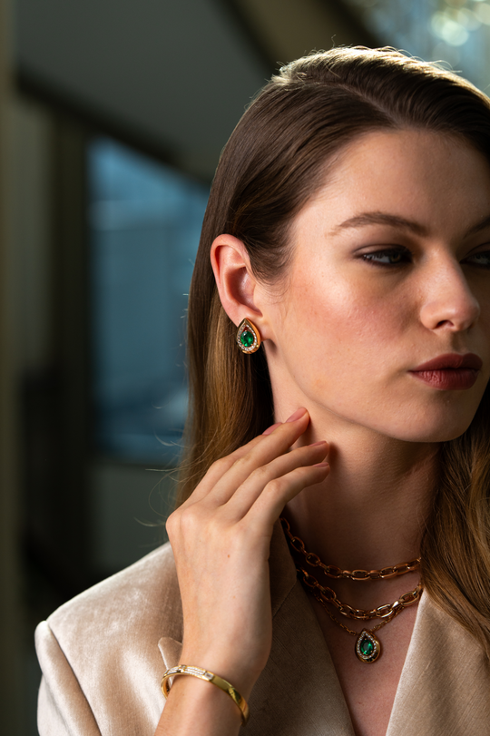 Pink Gold Earrings with Diamonds and Emerald