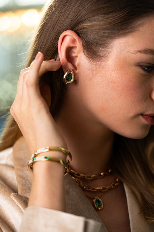 Pink Gold Earrings with Diamonds and Emerald