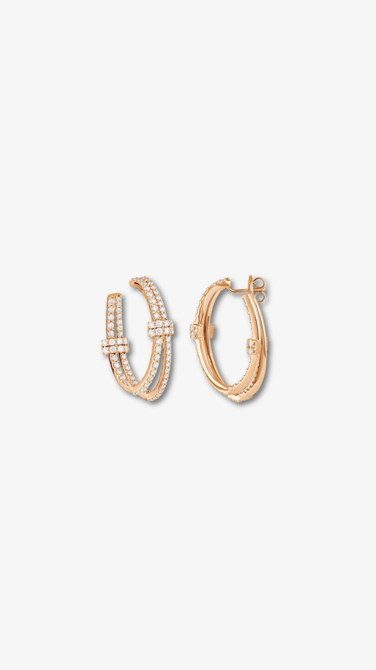 Pink Gold Double Loop Earrings with Diamonds