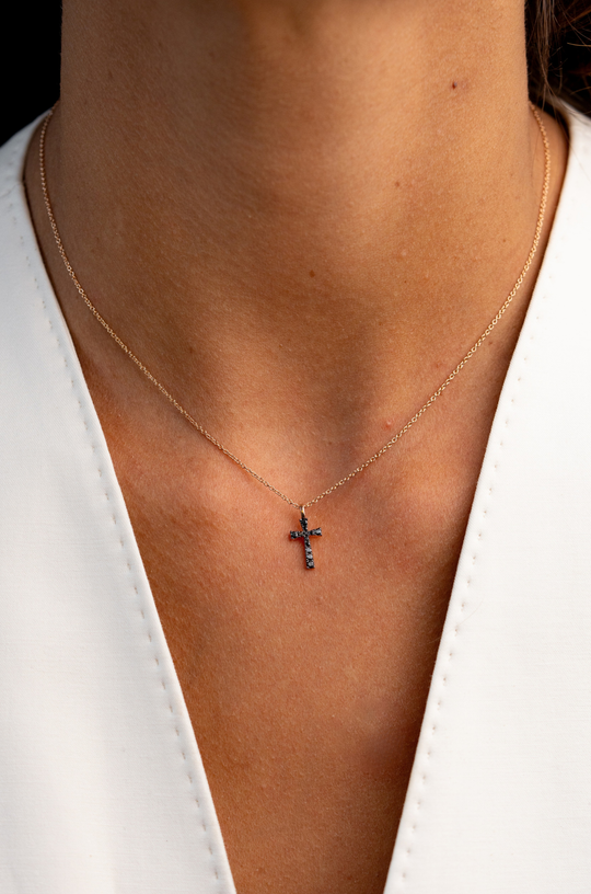 Cross Pink Gold Necklace with Black Diamonds
